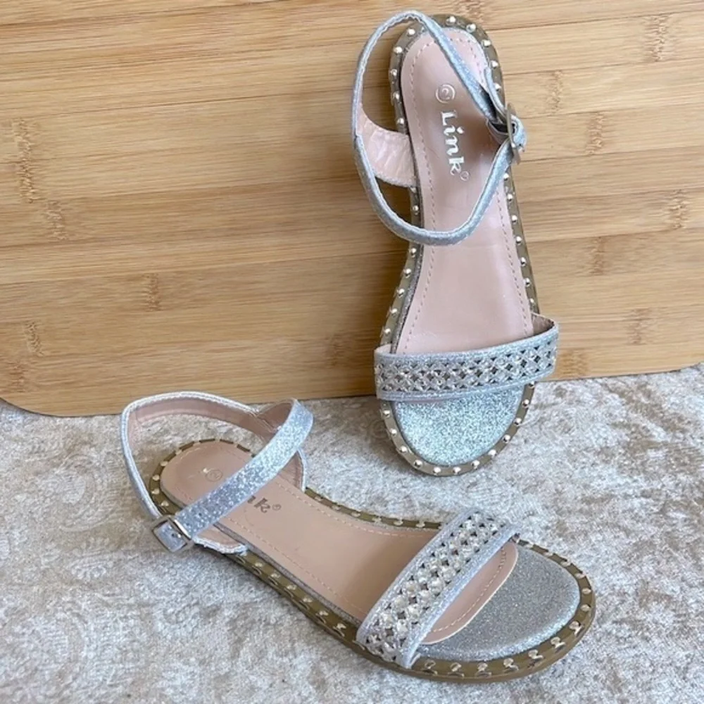 Brand New Link Silver Tone Beaded Embellished Sparkly Ankle Strap Buckle Sandals